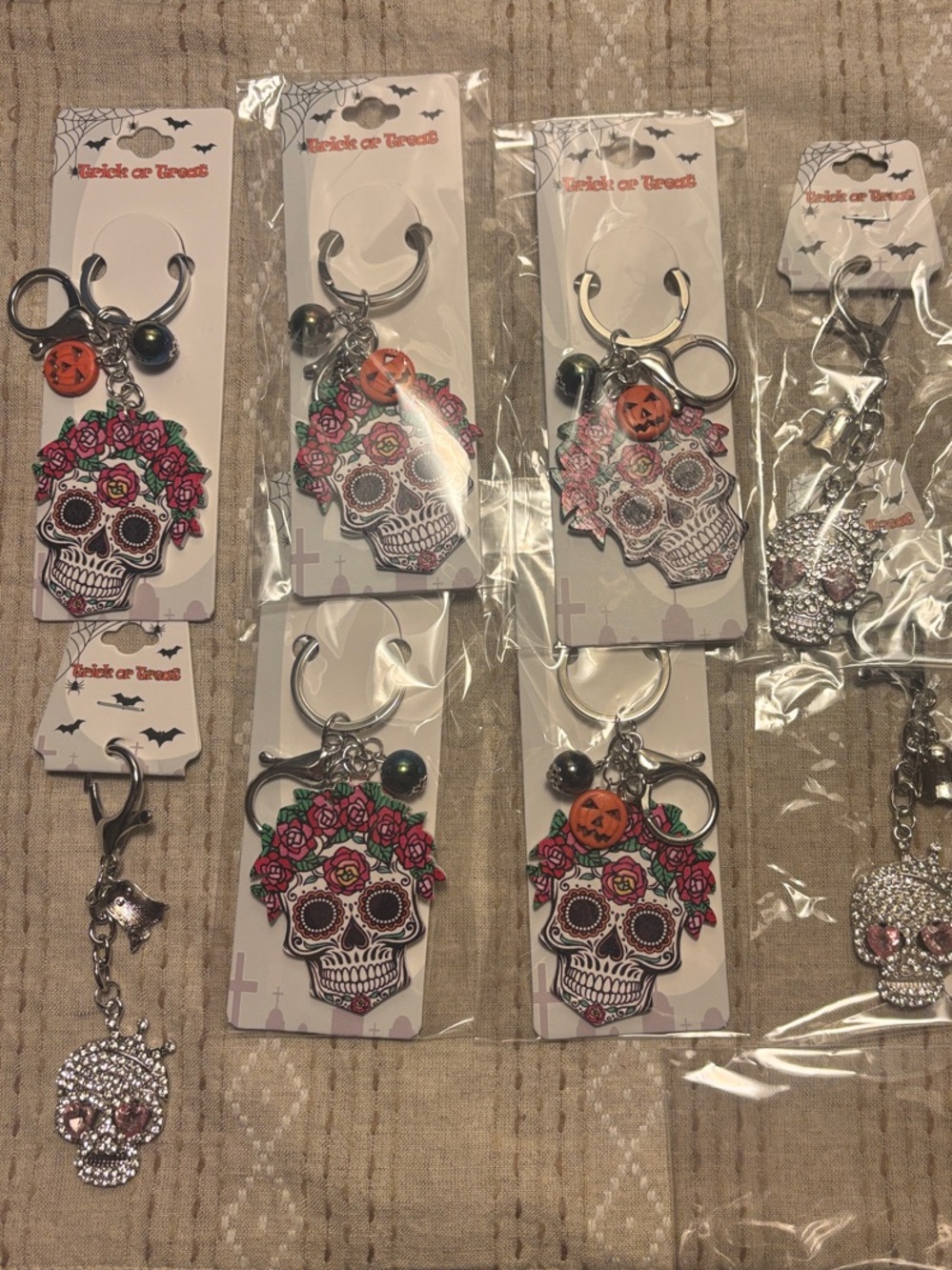 Sugar Skull Keychains with Floral Crown Pink & White Rhinestones 10 total pieces